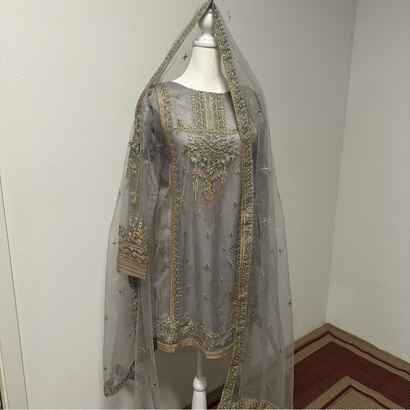 Other - Elegant Grey Embroidered 3-Piece Gharara Set | Formal / Nikkah Outfit